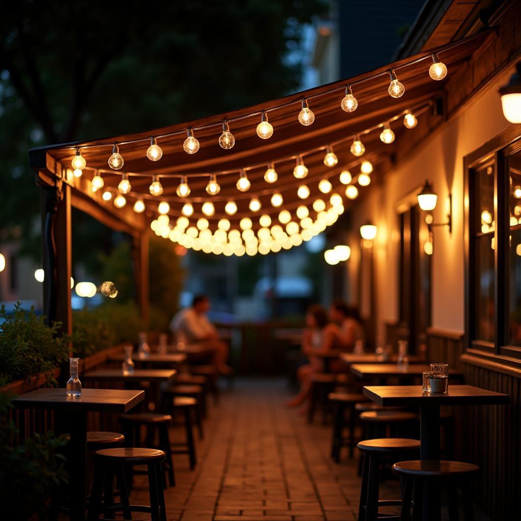 Dây đèn trang trí mái hiên quán cafe tạo không gian ấm cúng và thu hút khách hàng